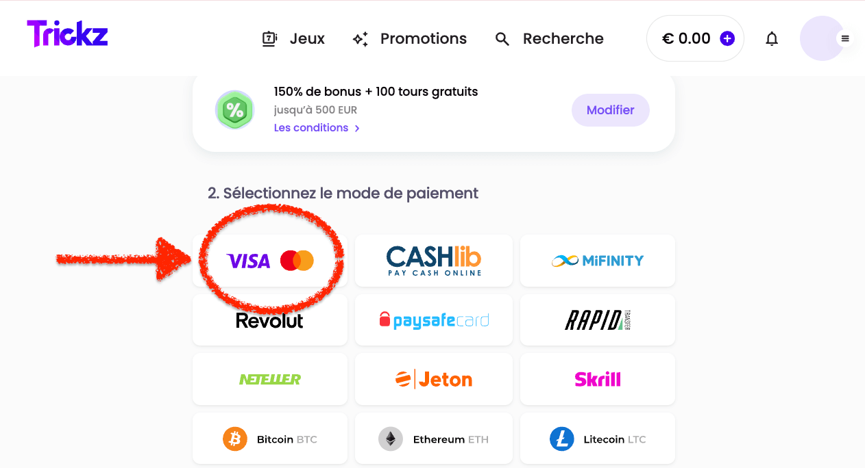 Trickz casino avec visa