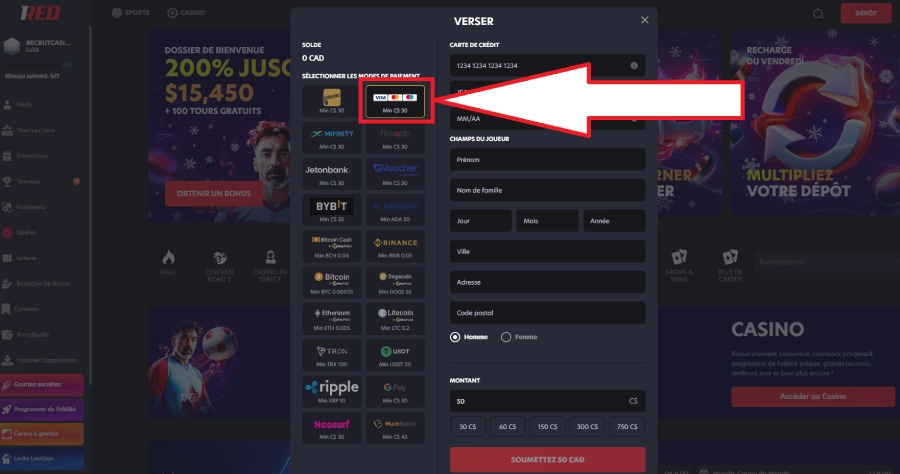 Dépôt avec Amex sur casino étape2