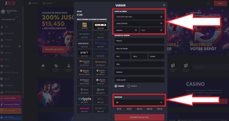 Dépôt avec Amex sur casino étape3