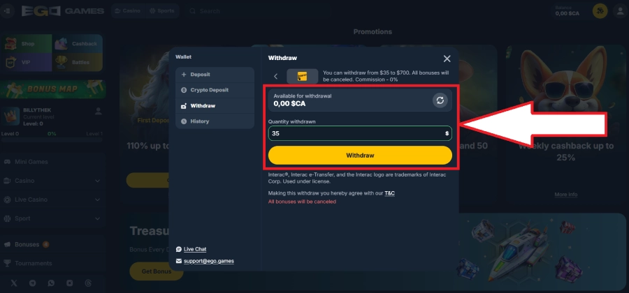 Retrait avec Amex sur casino étape3