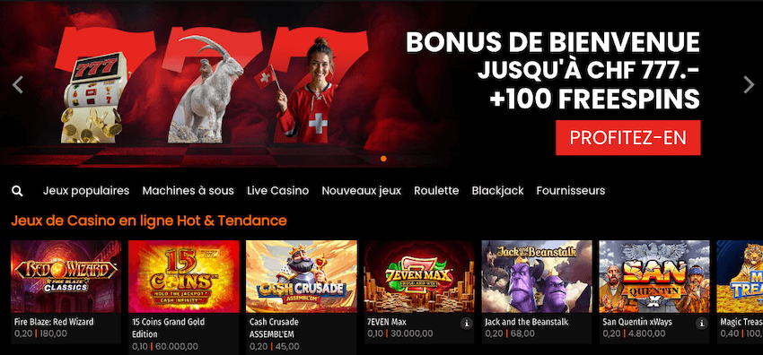 page d'accueil du casino suisse Casino777