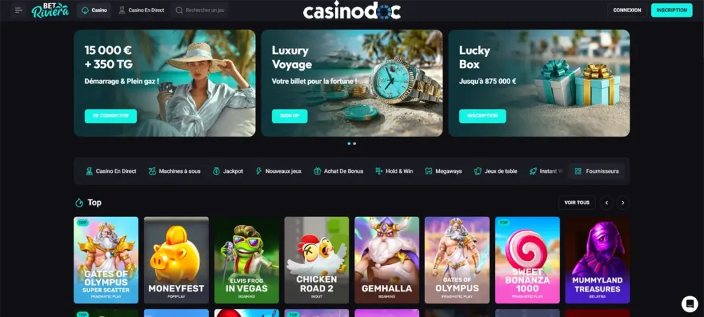 page d'accueil betriviera casino