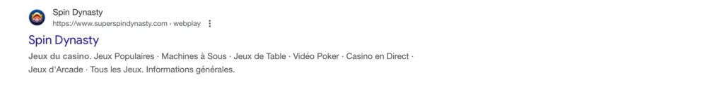 site frauduleux de Spin Dynasty sur les resultats de recherche