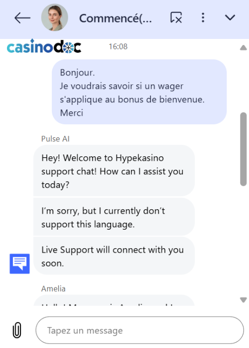 assistance client hypekasino