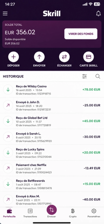 portefeuille skrill après retrait Wildzy