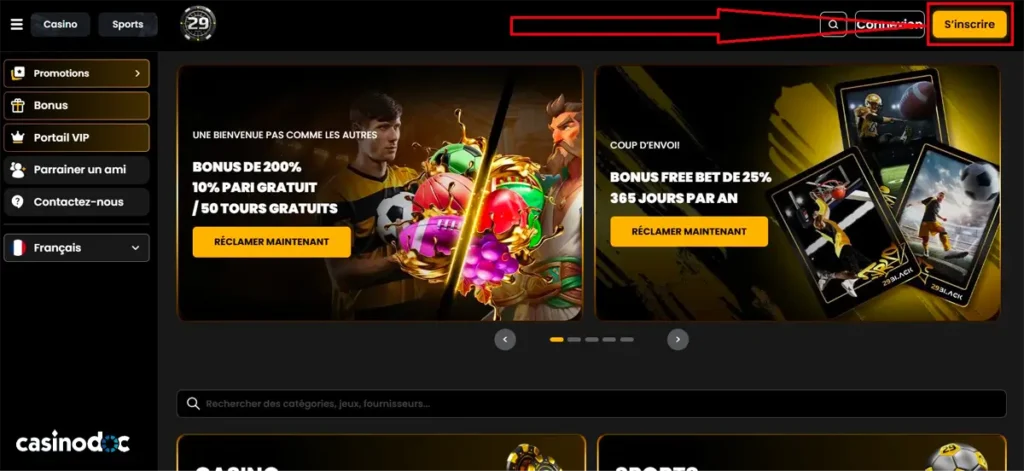 inscription étape 1 29black casino