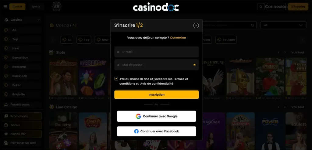 inscription étape 2 29black casino