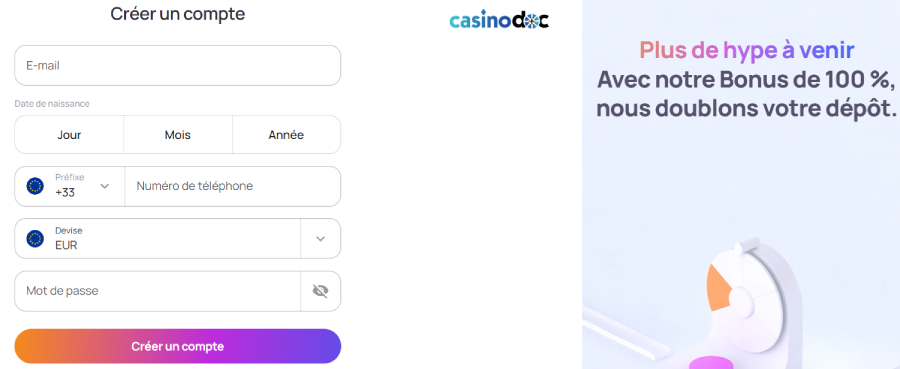 inscription étape2 hypekasino