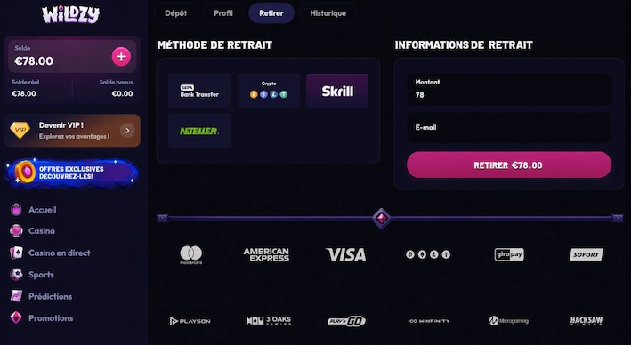 Choix méthode de retrait sur Wildzy