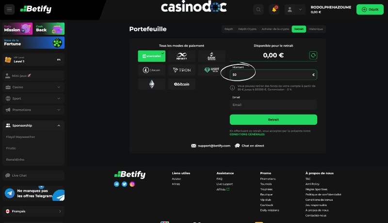 retrait ezeewallet sur betify