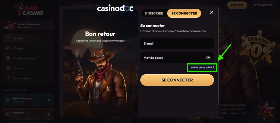 réinitialisation mot de passe casino en ligne