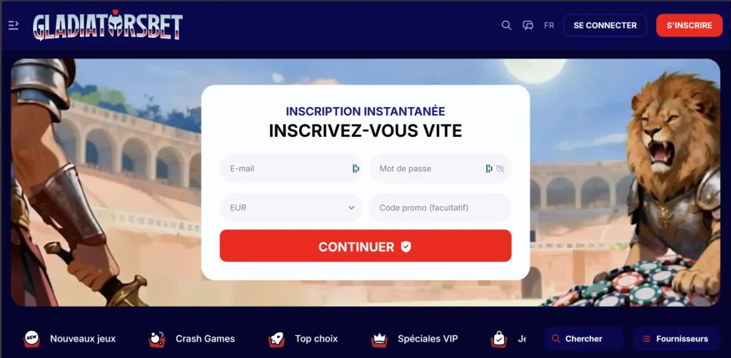 capture d'écran page accueil gladiatorsbet