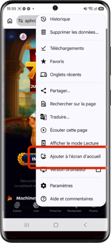 casino sur android via chrome étape 2