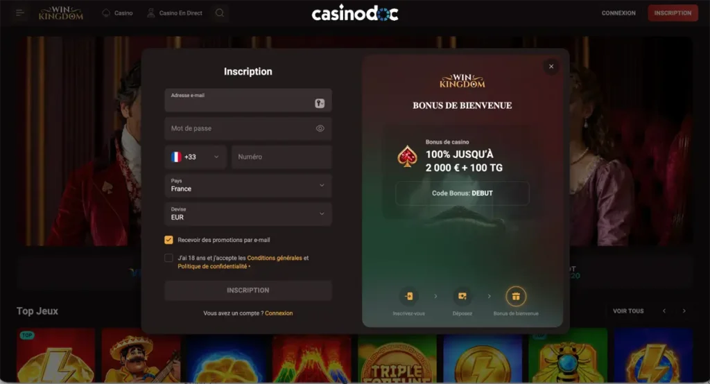 inscription étape 2 win kingdom casino
