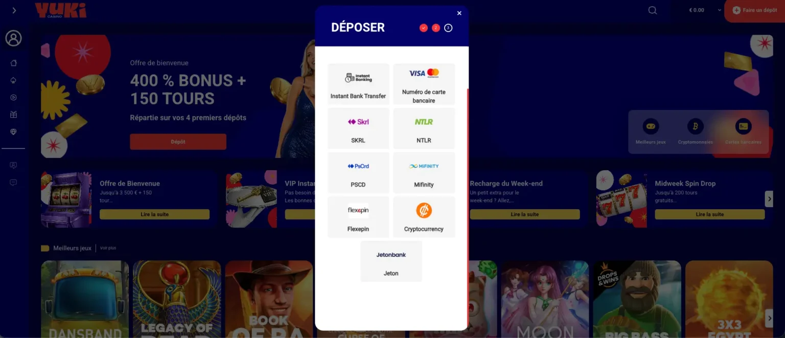 Sélectionner un moyen de dépôt sur Yuki Casino