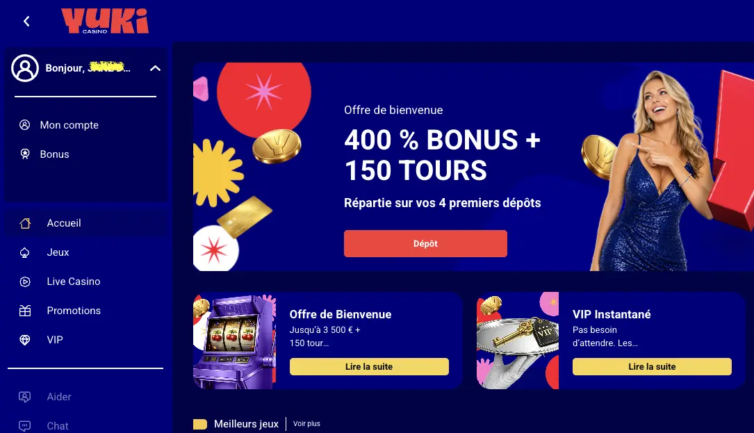 Mon Compte sur Yuki Casino