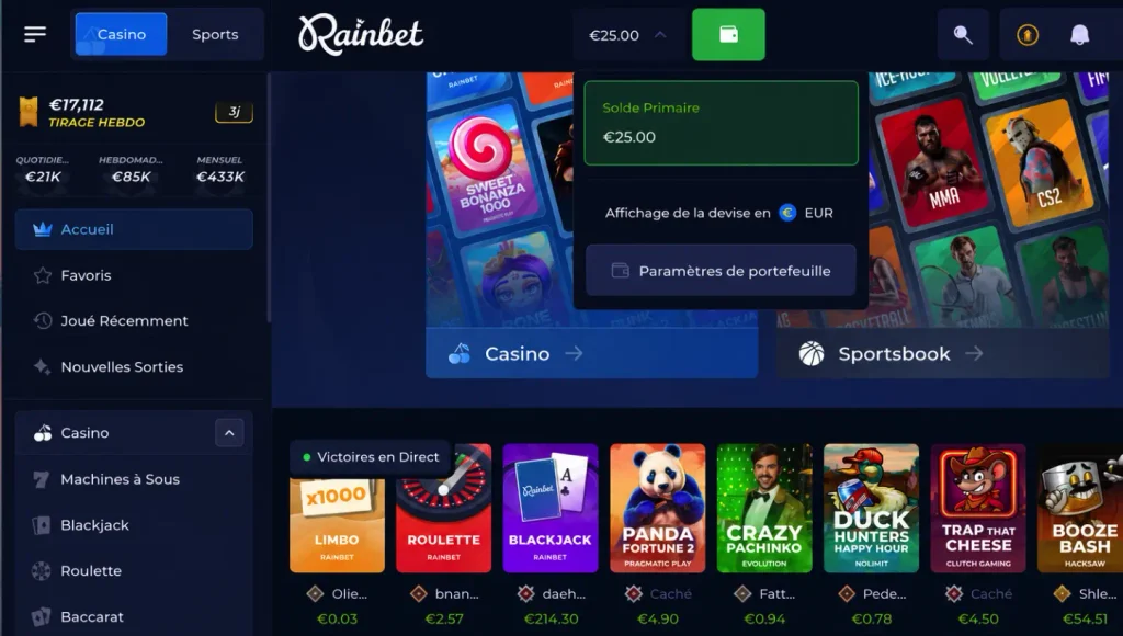 Solde après dépôt sur le casino Rainbet