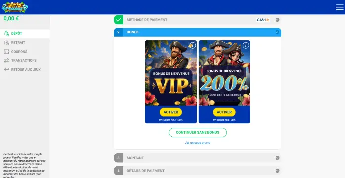 déposer 5 € sur lucky treasure bonus