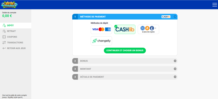 déposer 5 € sur lucky treasure cashlib