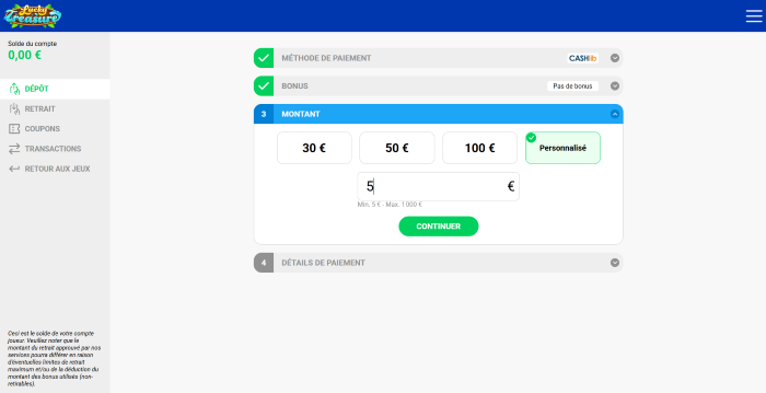 déposer 5 € sur lucky treasure montant