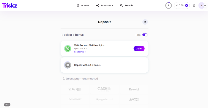 depot crypto sur trickz : etape 2