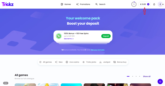 depot crypto sur trickz : etape 1