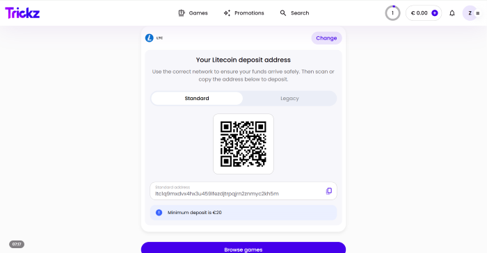 depot crypto sur trickz : etape 4