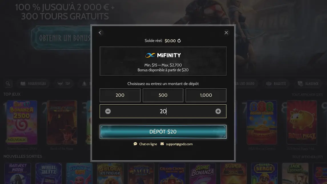 Indiquer le montant de dépôt Godz Casino
