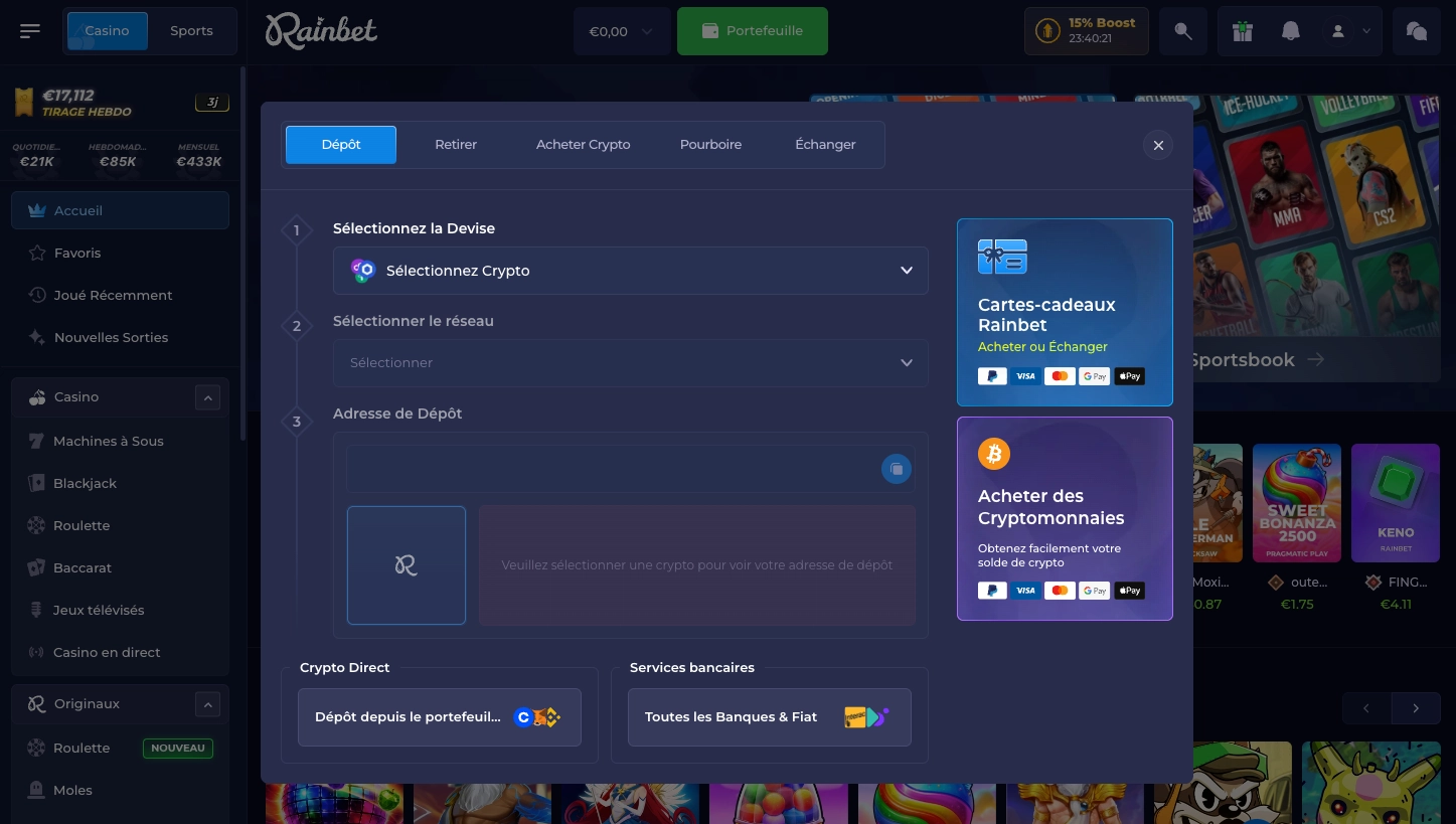 Déposer en crypto sur Rainbet