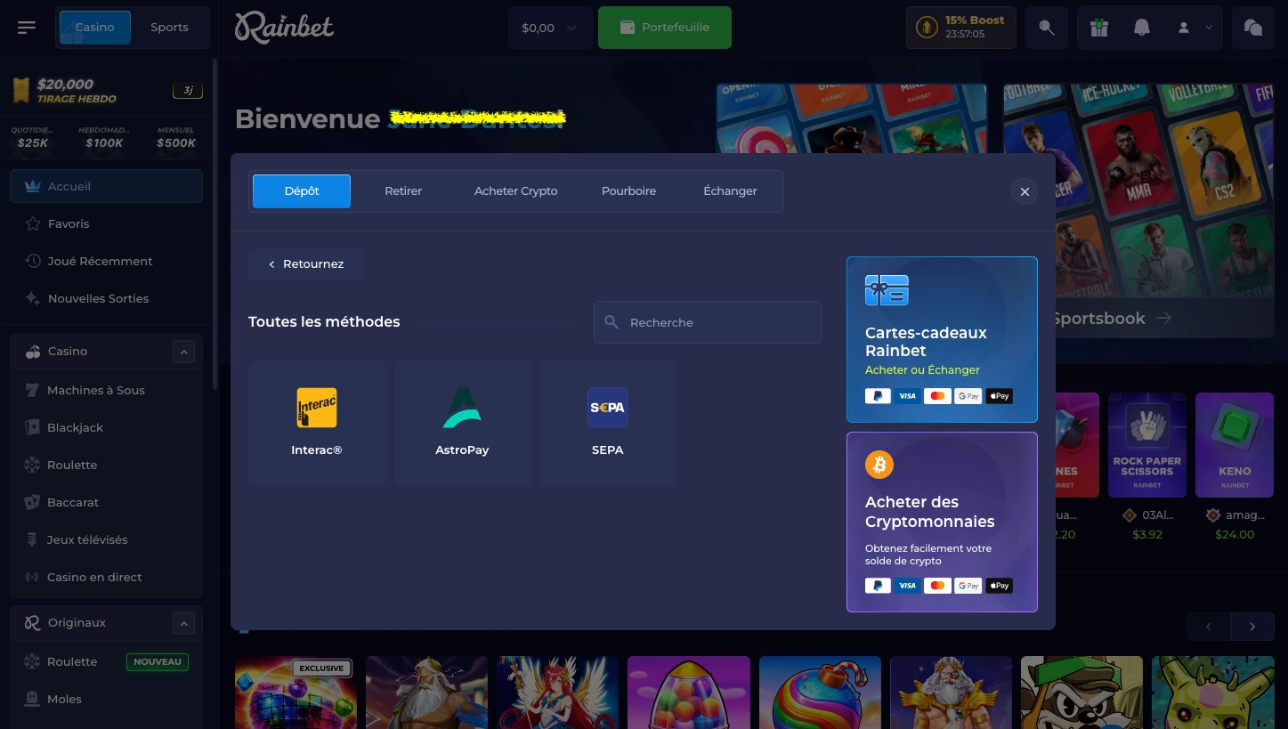 Déposer en fiat sur Rainbet Casino