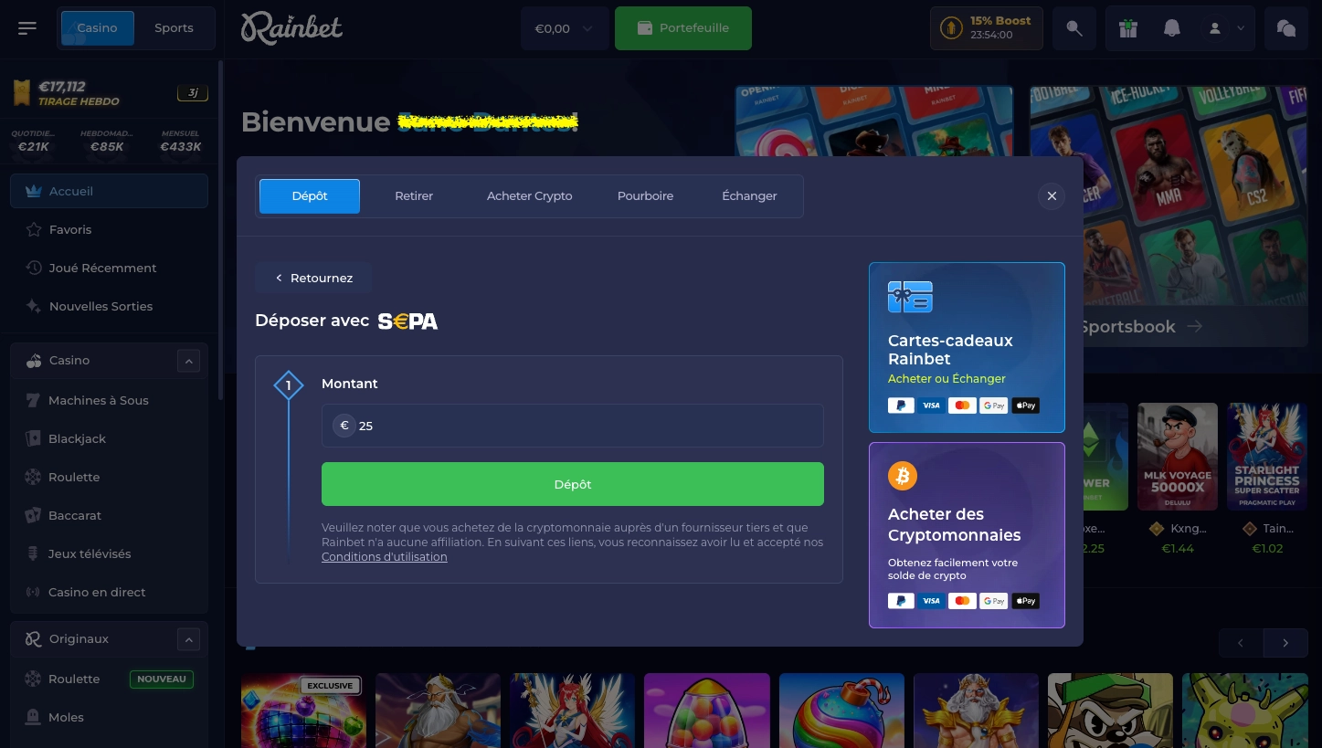 Saisir le montant de dépôt sur Rainbet Casino
