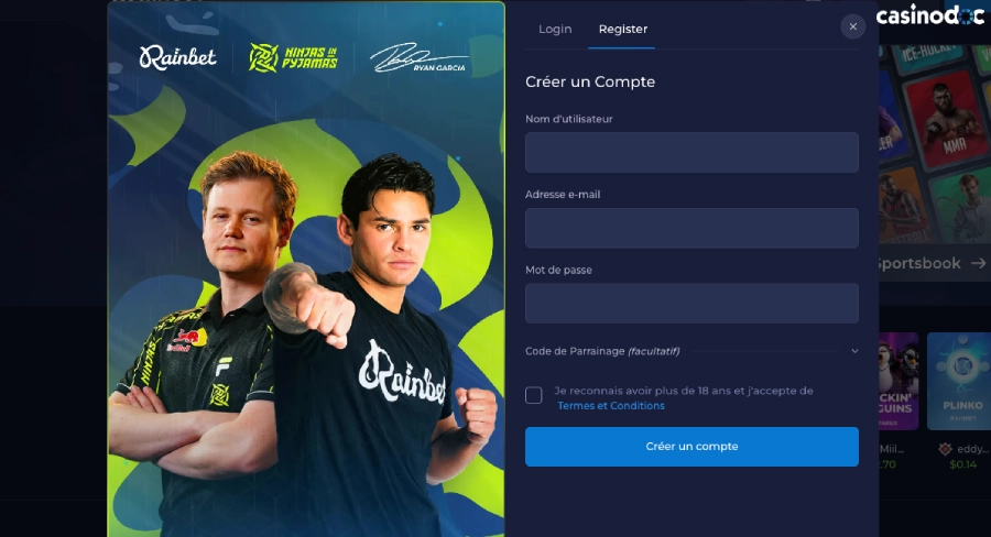 inscription étape2 rainbet casino