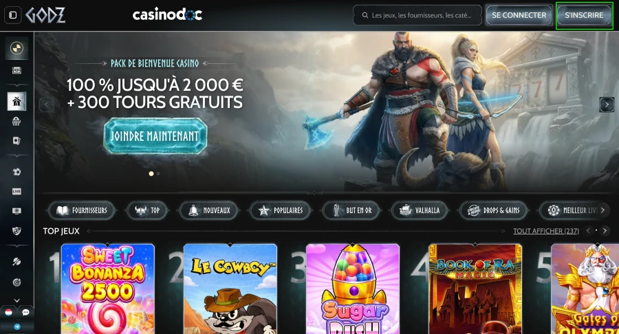 inscription sur godz casino étape1