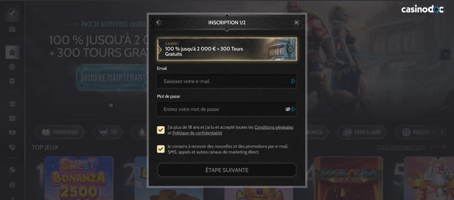 inscription sur godz casino étape3