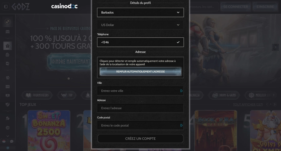inscription sur godz casino étape4