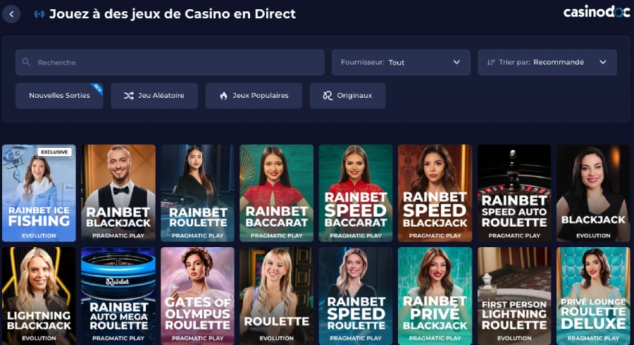 jeux live sur rainbet casino
