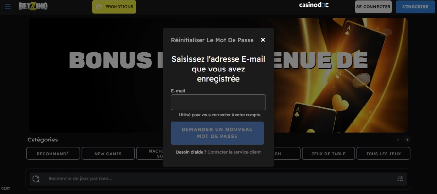 récupération mot de passe sur betzino
