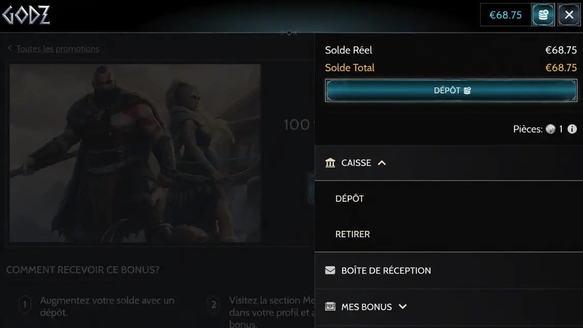 Accéder à l'onglet "Retirer" sur Godz Casino