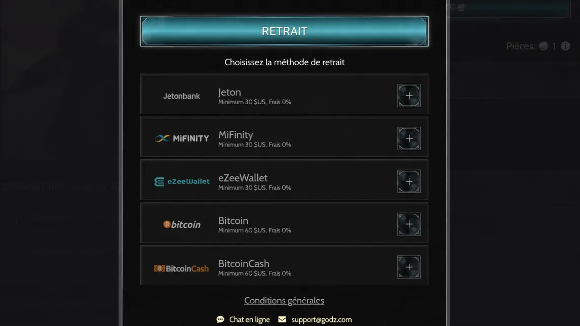 Choisir une méthode de retrait sur Godz Casino