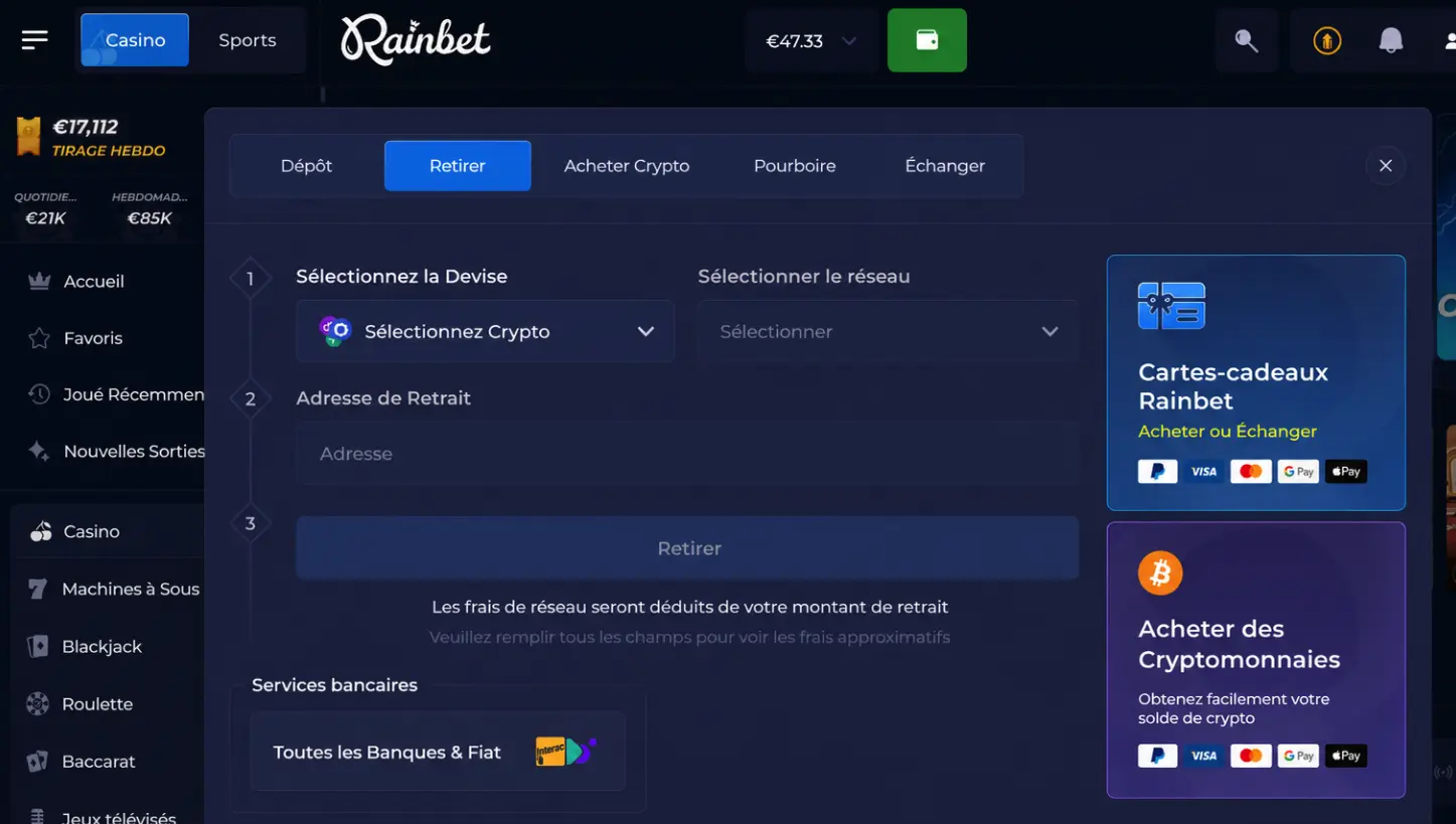 Choisir méthode de retrait sur Rainbet