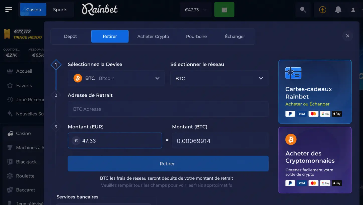 Indiquer le montant de retrait sur Rainbet Casino