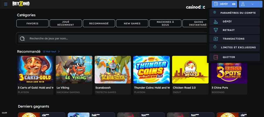 test de connexion sur betzino