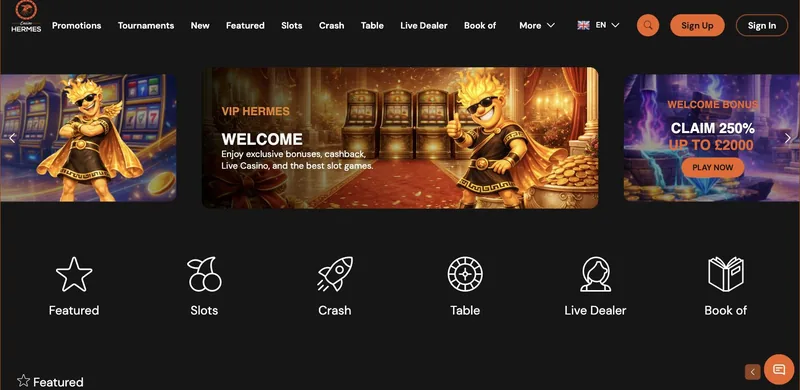 Page d'accueil de Hermes VIP Casino avec le pack de bienvenue 250% jusqu'à 2 000 €