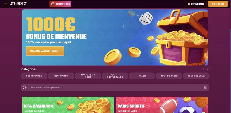 Page d'accueil de Let's Jackpot avec le bonus de bienvenue de 1 000 €