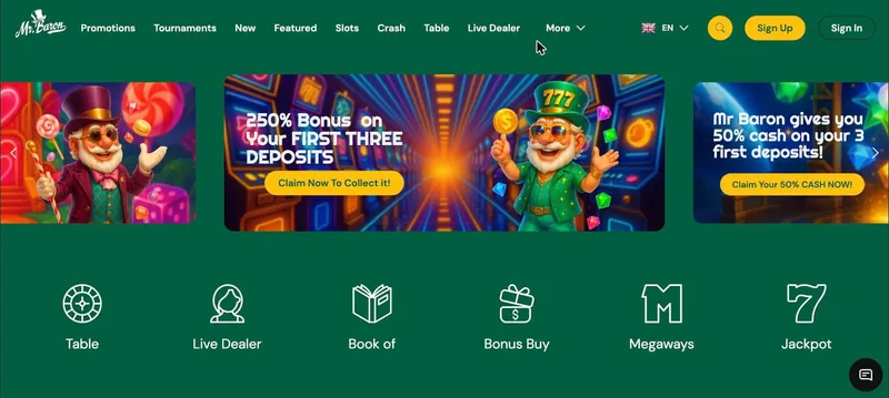 Page d'accueil de MrBaron Casino : bonus 250% sur les 3 premiers dépôts et 50% de cash