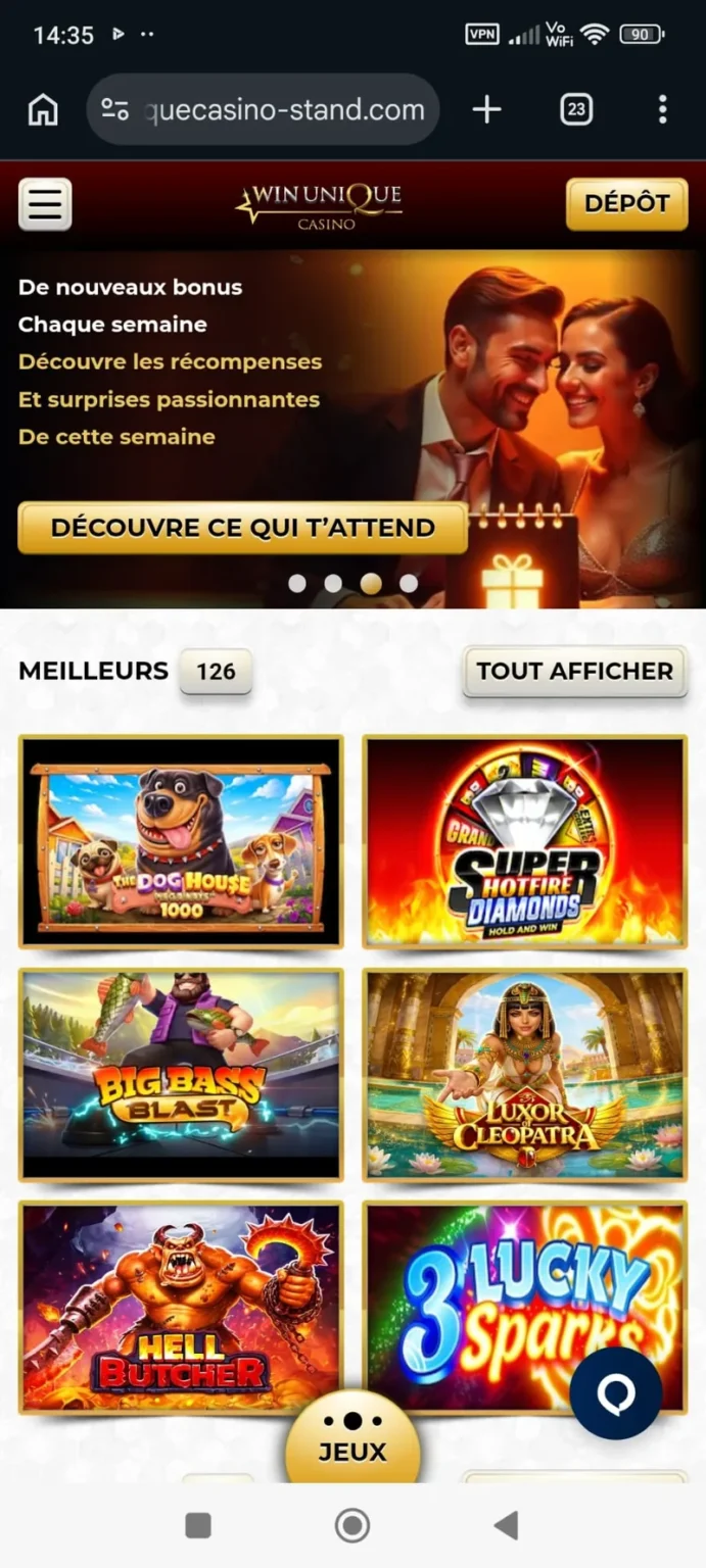 Application mobile Unique Casino sur smartphone Android et iOS
