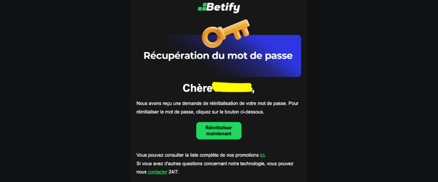 betify récupération mot de passe