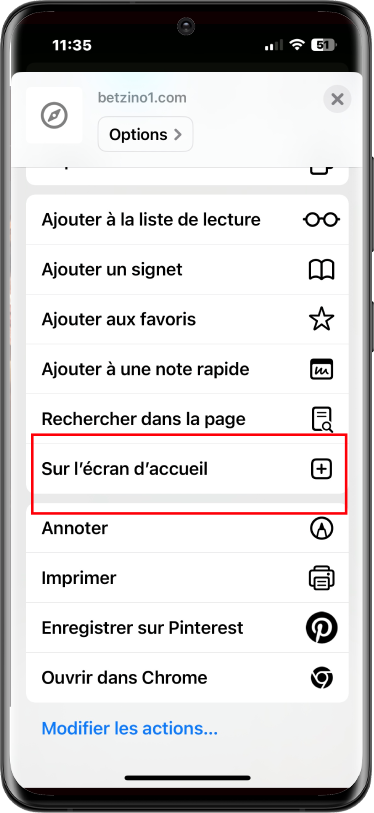betzino sur écran d'accueil étape3
