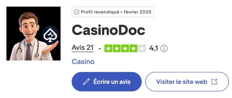 Profil Trustpilot de CasinoDoc : profil revendique, note et nombre d'avis