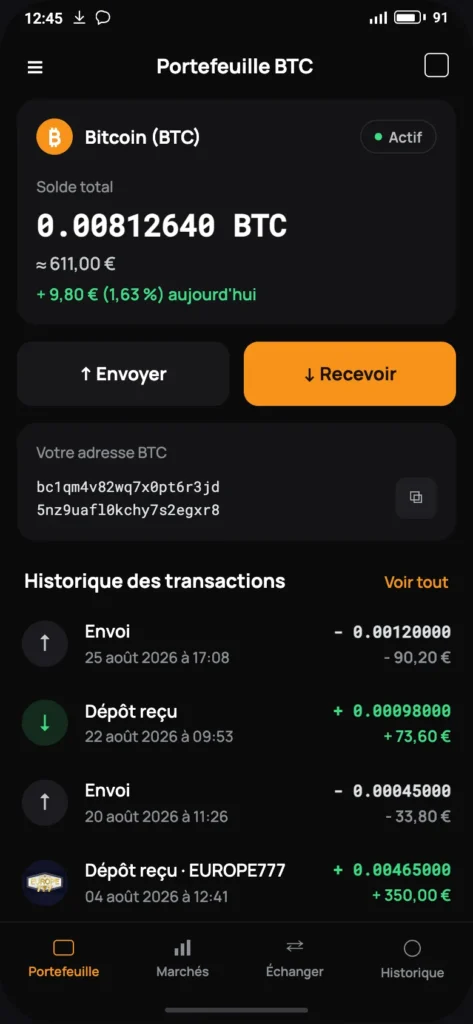 Preuve de retrait Europe777 : capture de la confirmation de paiement